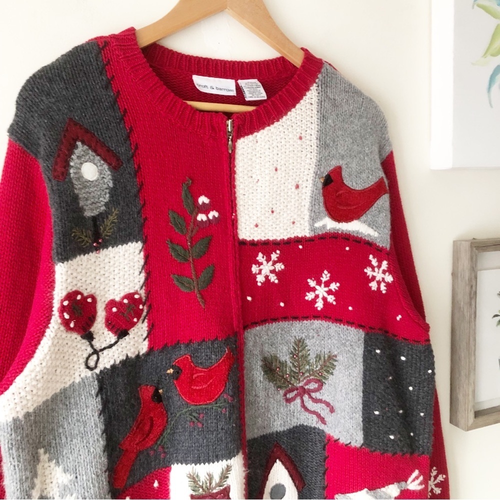 Vintage Croft Barrow Red Winter Patchwork Cardinal Snowflake Full Zip Sweater XL - Picture 11 of 14